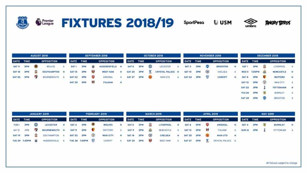 calendario premier league everton 2018/2019