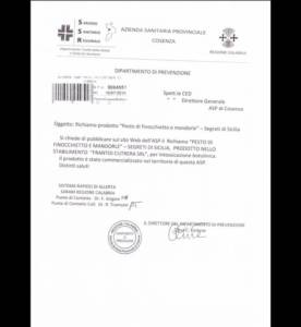 L'ASP di Cosenza ha reso pubblico che il Pesto di Finocchietto e Mandorle - Segreti di Sicilia deve essere ritirato dai banchi dei market