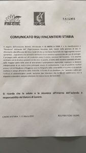 Gli operai della Fincantieri di Castellammare di Stabia chiedono, uniti, la CIGS, a fronte dell'emergenza Coronavirus.