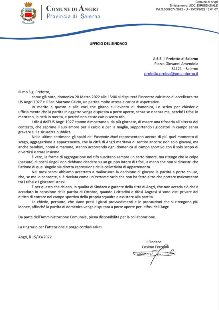 Angri-La Lettera del Sindaco al Prefetto