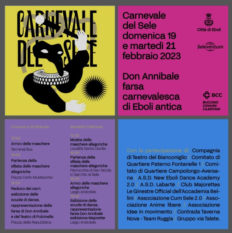 Il programma dettagliato del Carnevale del Sele, edizione 2023