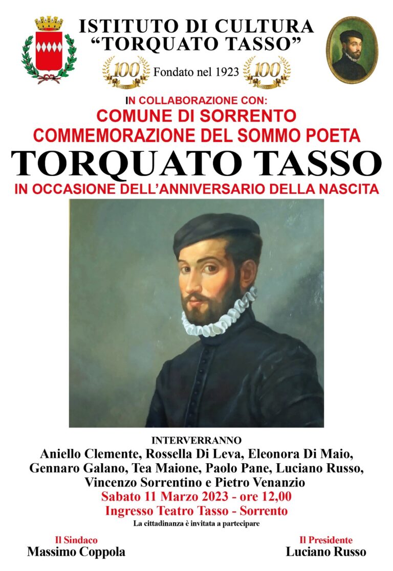 Sorrento domani cerimonia di commemorazione del Poeta Tasso