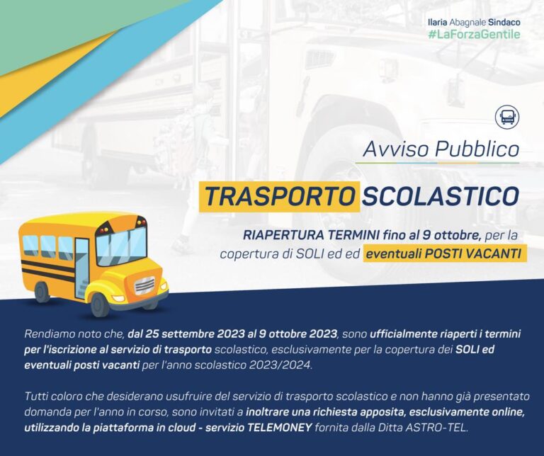 Sant’Antonio Abate riaperti i termini per l’iscrizione al servizio di trasporto scolastico