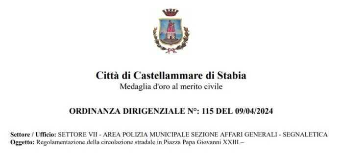 Castellammare di Stabia: ordinanza sulla circolazione stradale in piazza Papa Giovanni XIII