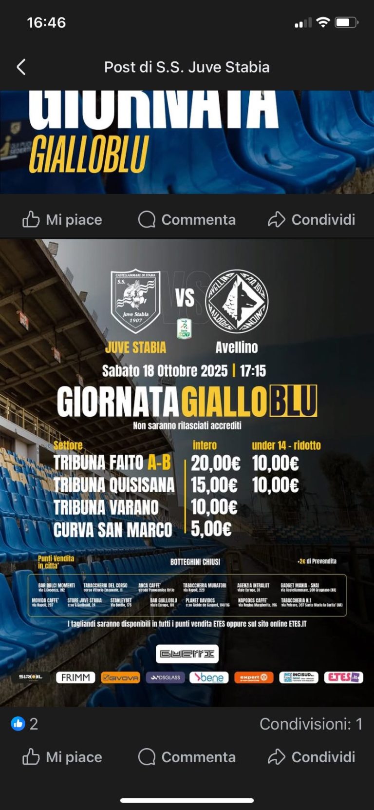 Juve Stabia Avellino sarà giornata gialloblù